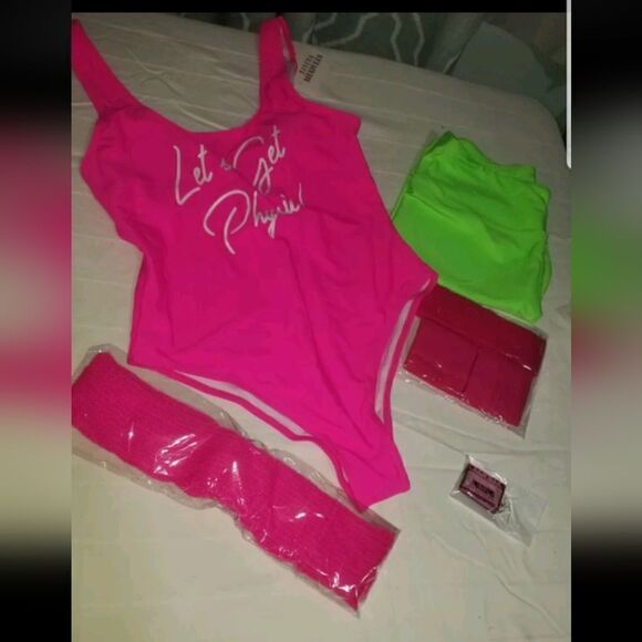 Neon Pink Let's Get Physical 80s Workout Leotard L MIAIULIA - Picture 3 of 10